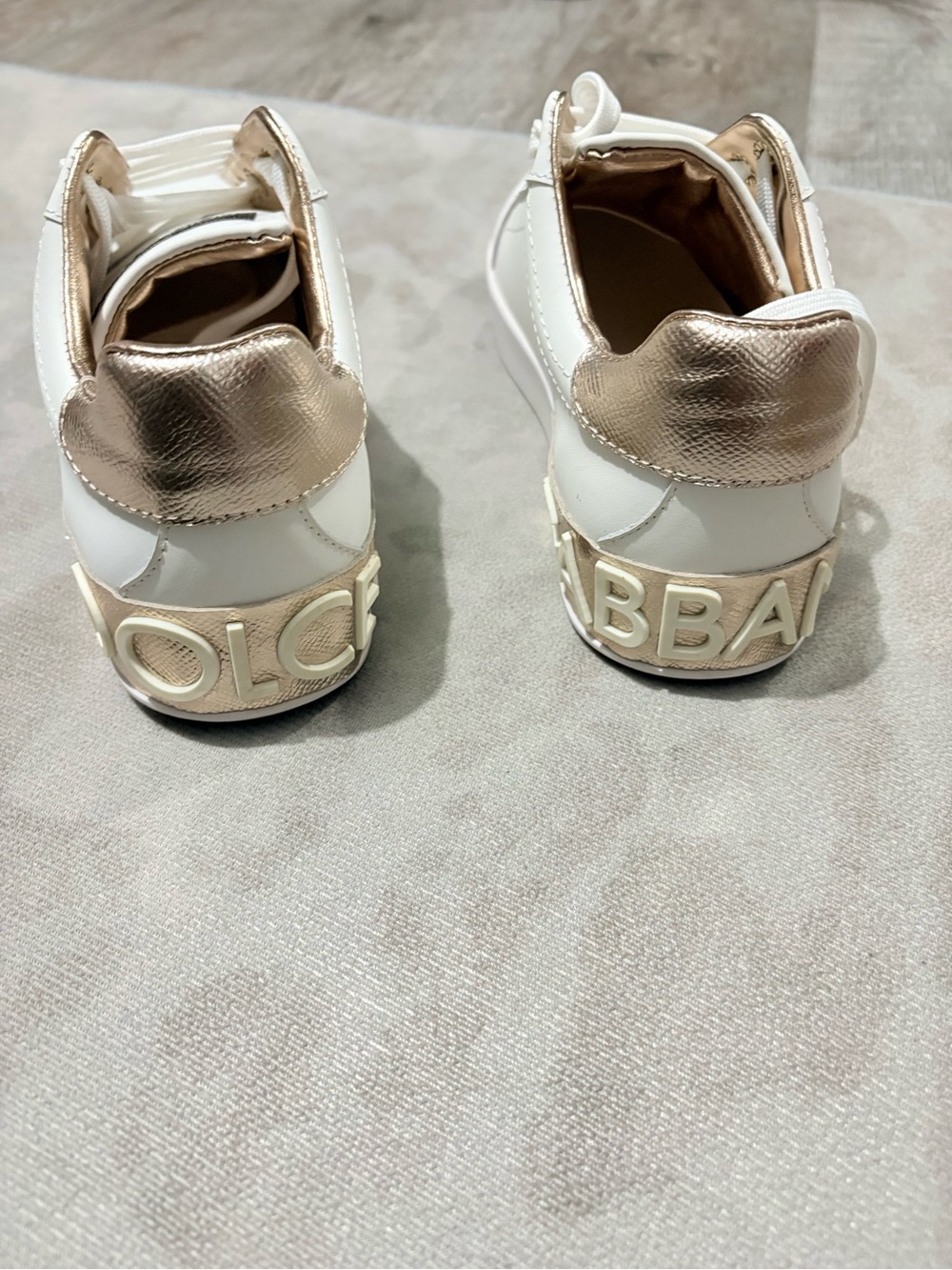 Dolce & Gabbana White and Metallic Gold Logo Back Sneakers